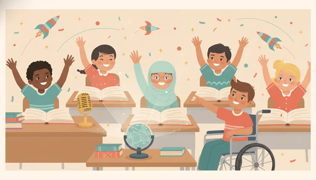 A classroom mid-wonder: paper rockets, raised hands, a constellation chalkboard